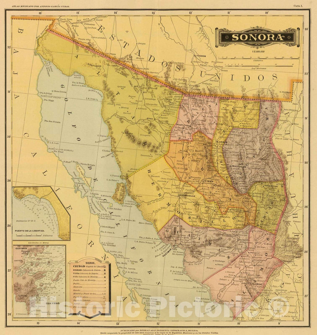 Historic Map : Mexico, 1886 Sonora. , Vintage Wall Art