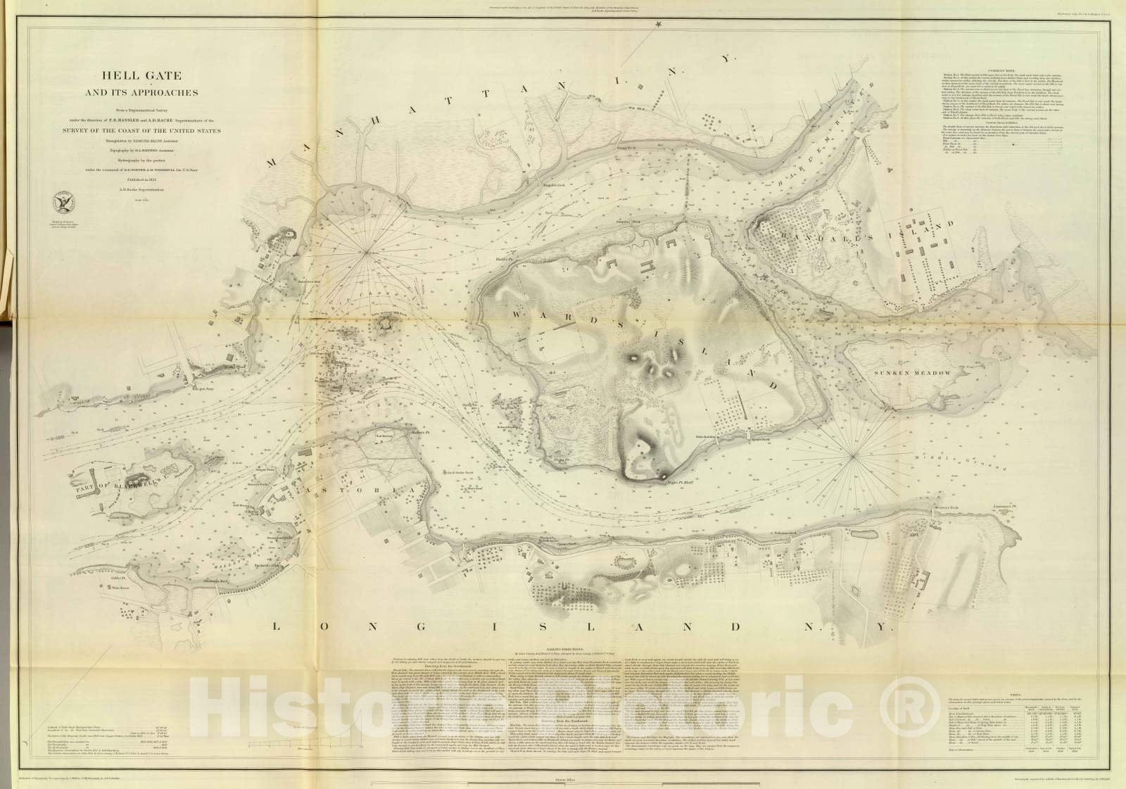 Historic Map : Chart Atlas - 1851 Hell Gate & approaches. - Vintage Wa ...
