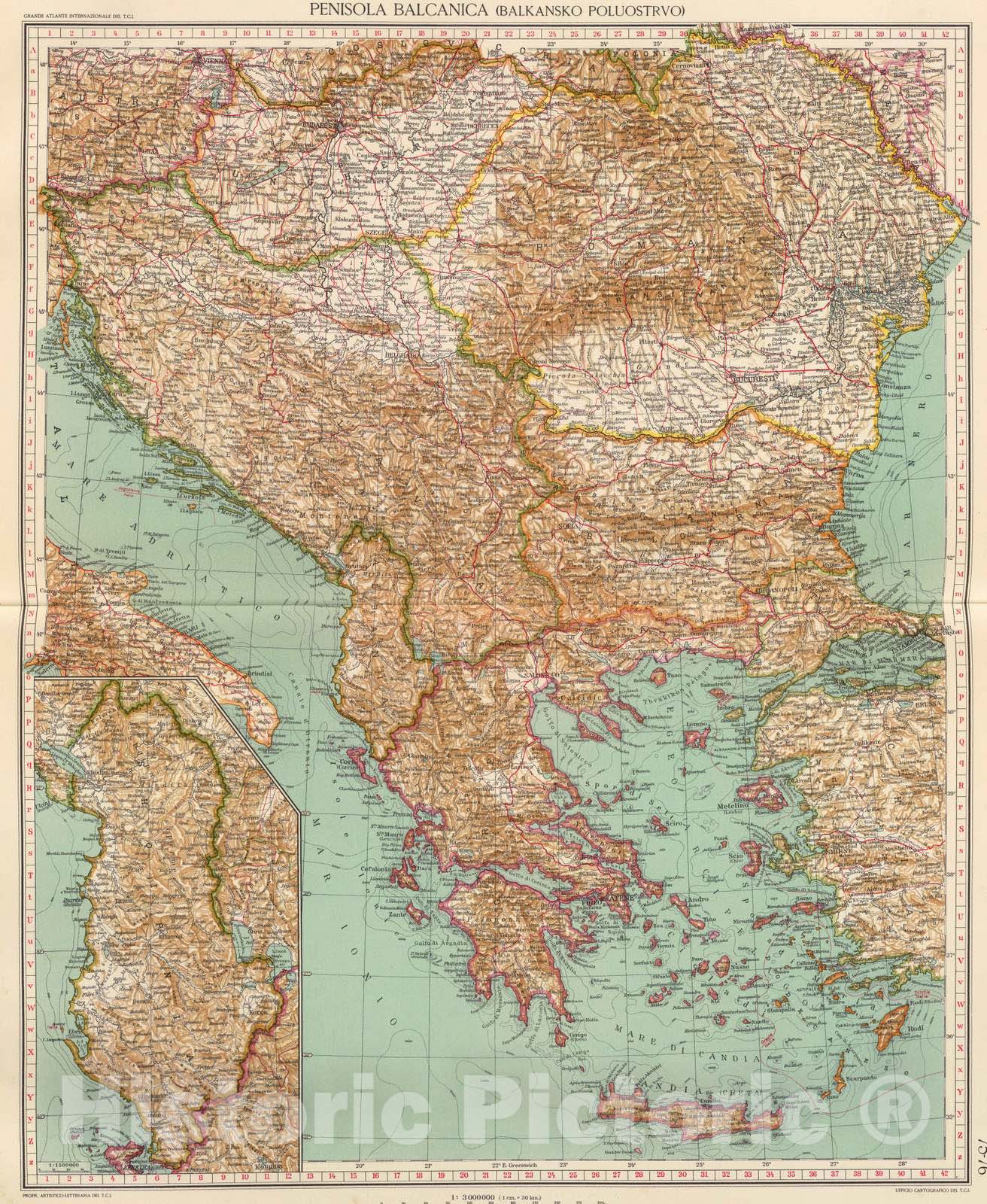 Historic Map : Albania; Greece, Balkan Peninsula 1929 75-76. Penisola balcanica. , Vintage Wall Art
