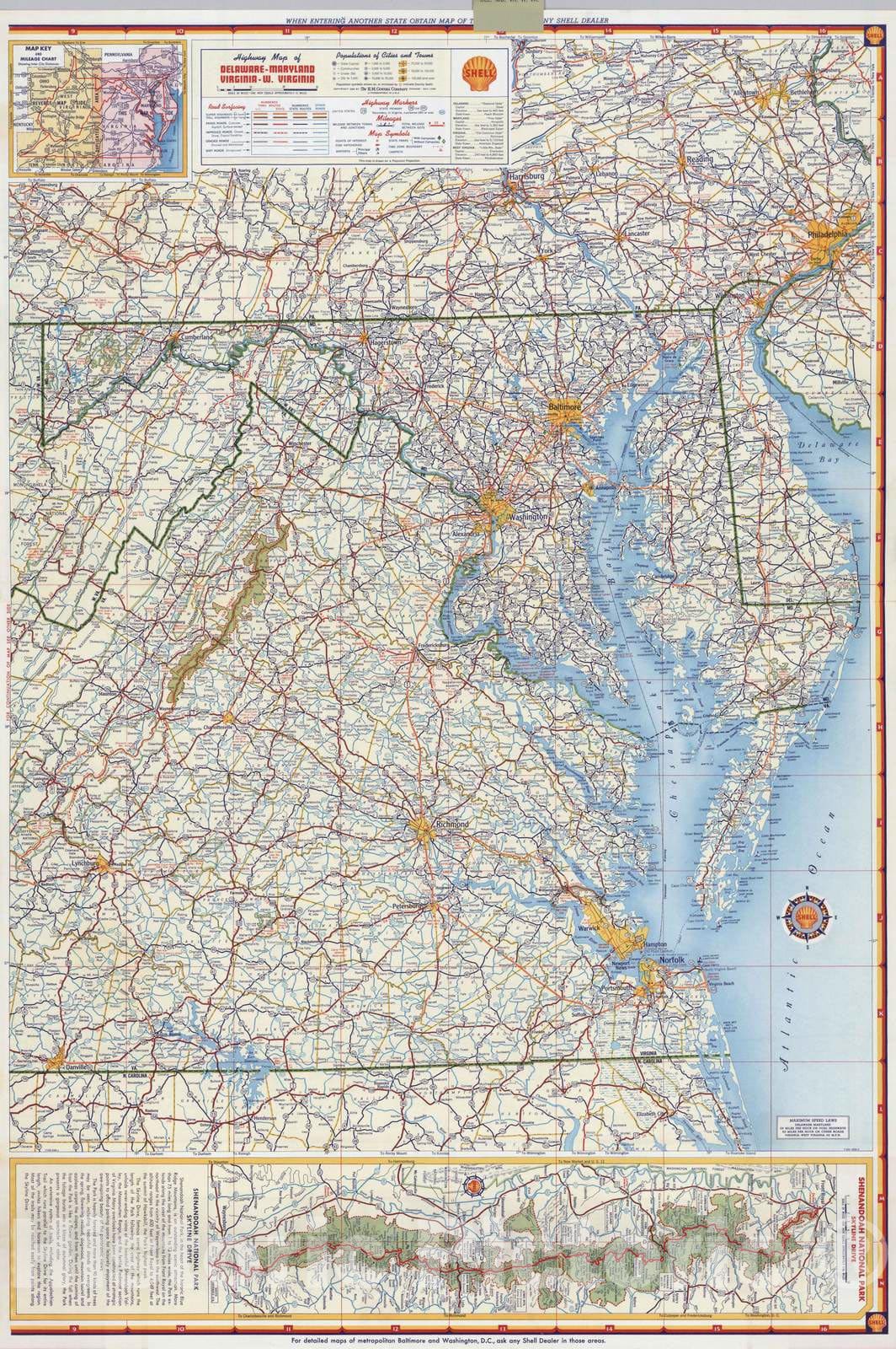 Historic Map - 1956 Shell Highway Map of Delaware - Maryland, Virginia, W. Virginia. (western portion), Atlas - Vintage Wall Art