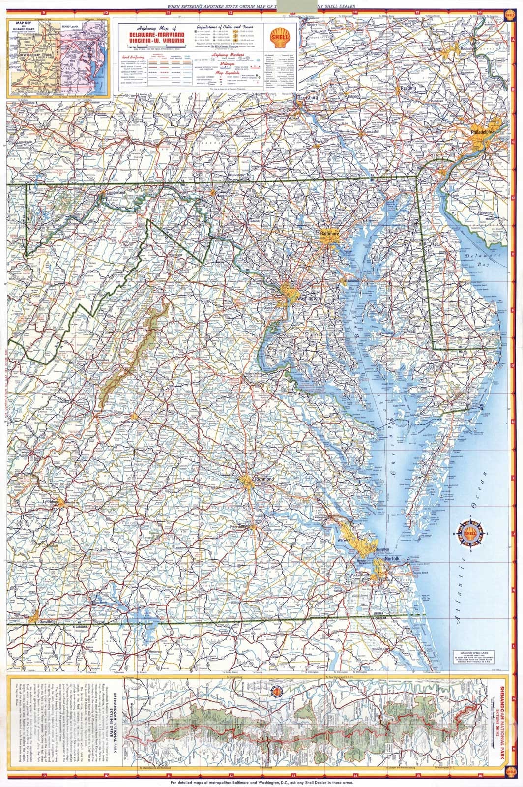 Historic Map - 1956 Shell Highway Map of Delaware - Maryland, Virginia, W. Virginia. (western portion), Atlas - Vintage Wall Art