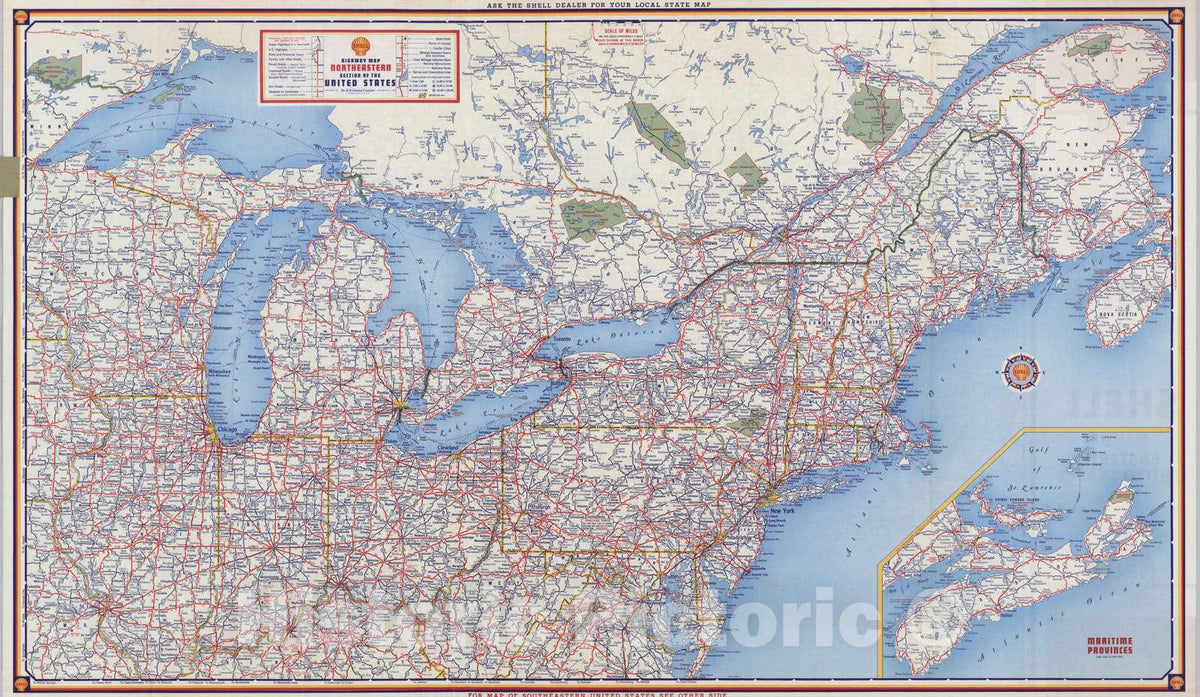 Historic Map : National Atlas - 1951 Shell Highway Map Northeastern Se ...