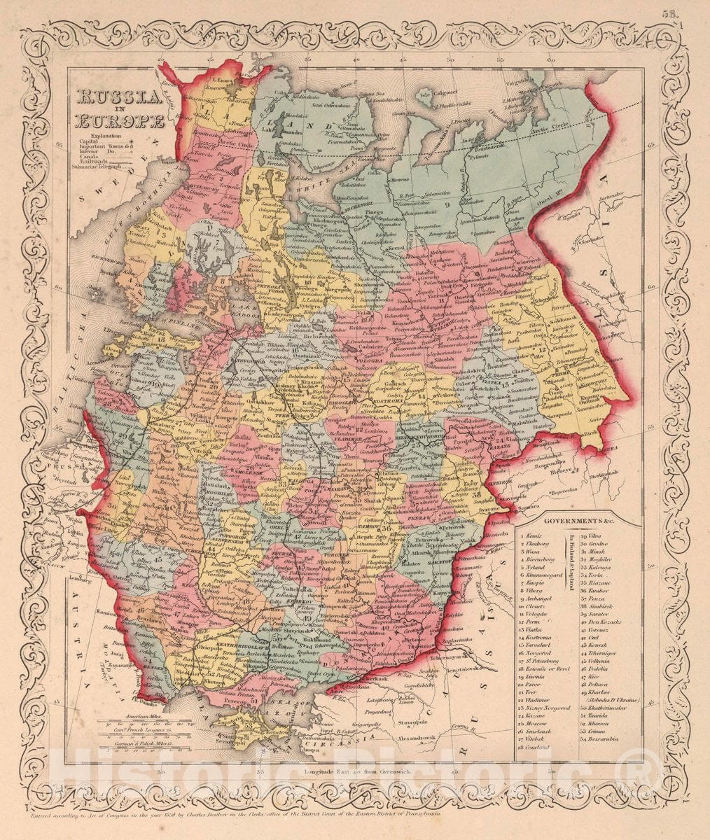 Historic Map : Russia in Europe. 58, 1856 Atlas - Vintage Wall Art
