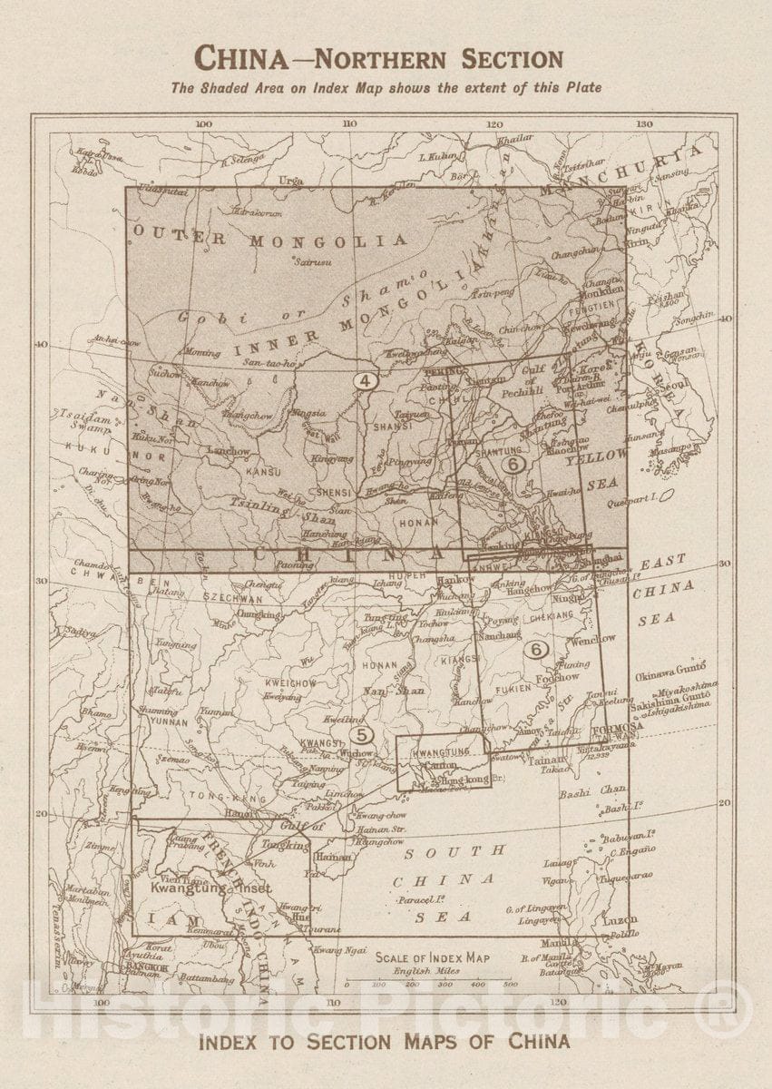 Historic Wall Map : Index Map: China - Northern Section. Index to Section Maps of China, 1923 Atlas - Vintage Wall Art
