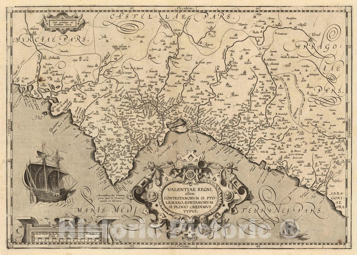 Historic Map : Spain , Valencia, Spain, Valentiae Regni, olim Contestanorum Si Ptolemaeo, Cum privilegio ad Decennium. 1584, Vintage Wall Art