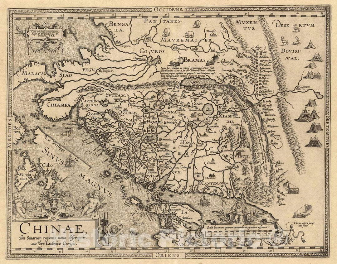 Historic Map : Chinae, olim Sinarum regionis nova descriptio auctore Ludovico Georgio, 1608, Abraham Ortelius, Vintage Wall Art