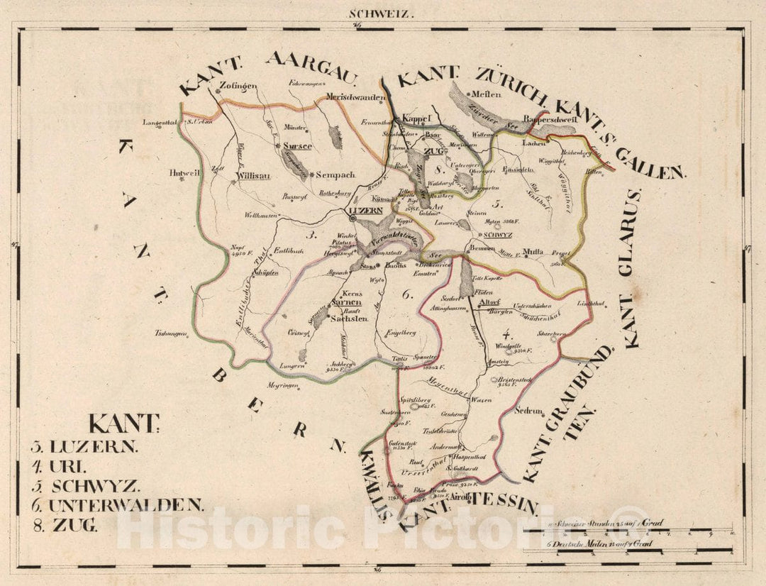 Historic Map : Switzerland, V.1:1-5: III: Schweiz. Kant: 3. Luzern. 4. Uri. 5. Schwyz. 6. Unterwalden. 8. Zug, 1825 Atlas , Vintage Wall Art