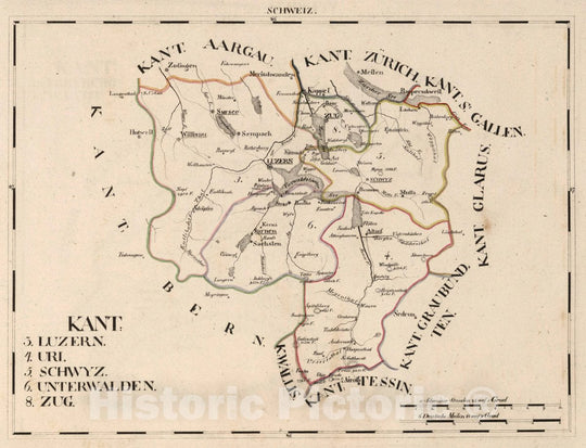 Historic Map : Switzerland, V.1:1-5: III: Schweiz. Kant: 3. Luzern. 4. Uri. 5. Schwyz. 6. Unterwalden. 8. Zug, 1825 Atlas , Vintage Wall Art