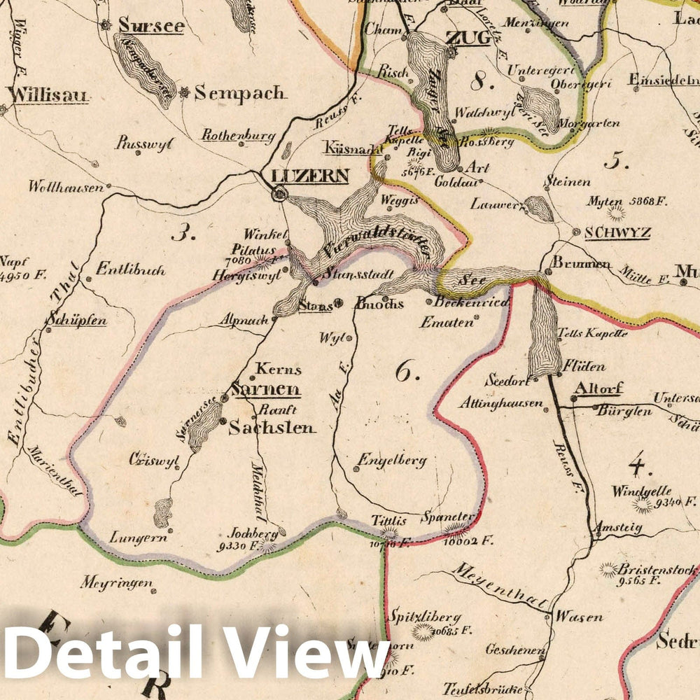 Historic Map : Switzerland, V.1:1-5: III: Schweiz. Kant: 3. Luzern. 4. Uri. 5. Schwyz. 6. Unterwalden. 8. Zug, 1825 Atlas , Vintage Wall Art