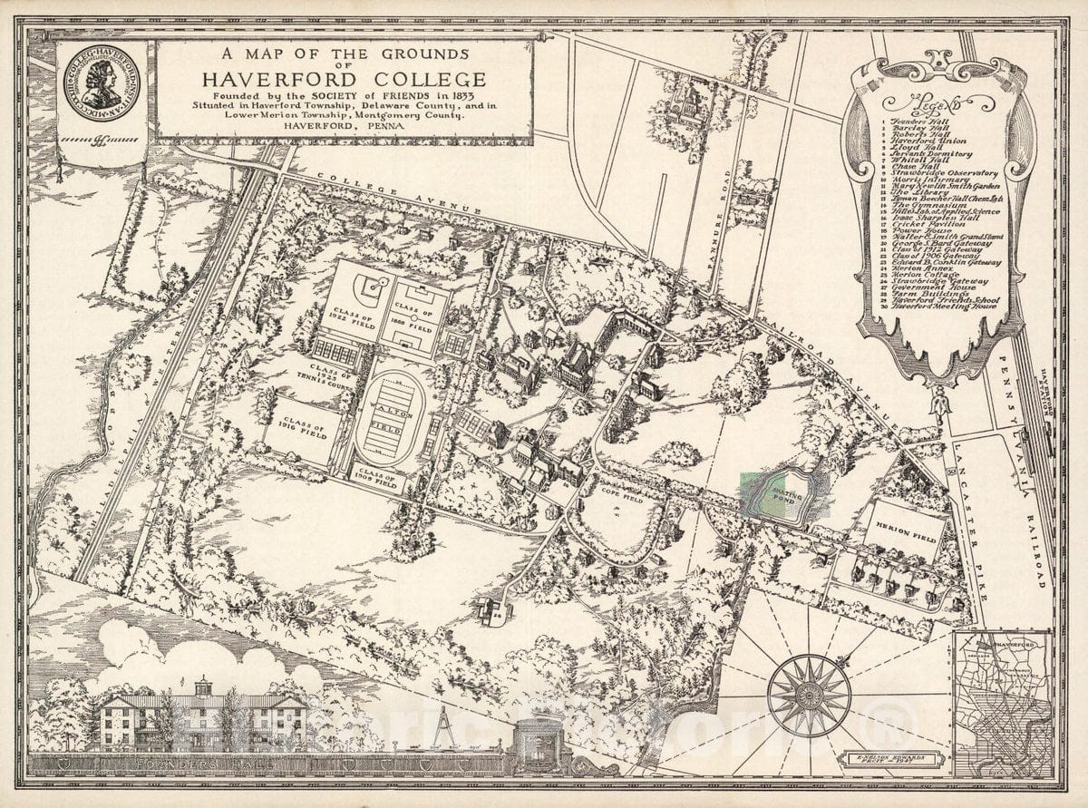 Historic Map - Map of The Grounds of Haverford College, 1947 Pictorial Map - Vintage Wall Art