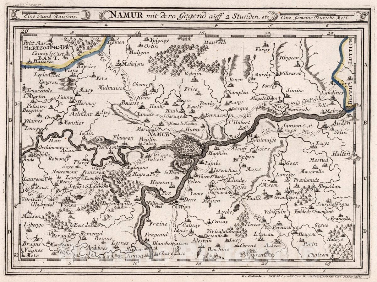Historic Map : Belgium, , Europe Namur mit dero Gegend auff Zwei Stunden etc, 1716 Atlas , Vintage Wall Art