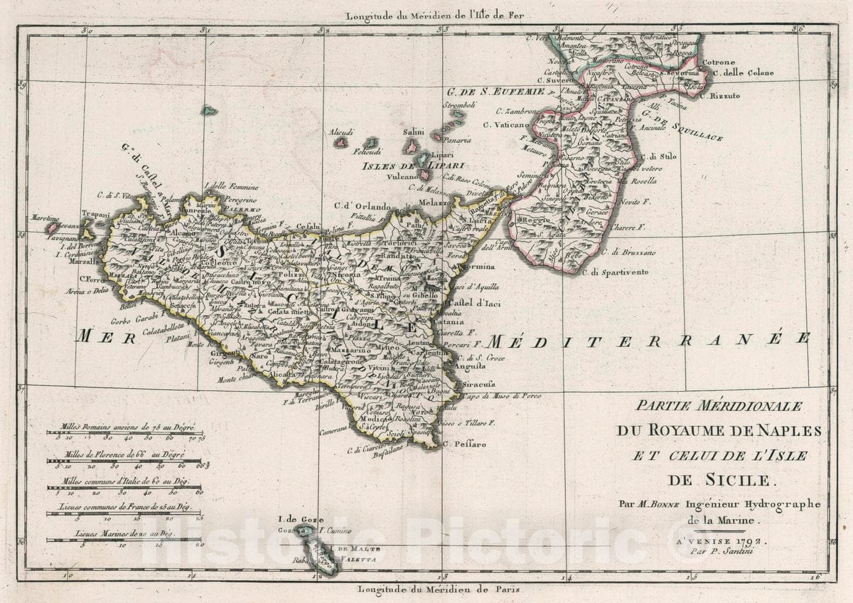Historic Map : Italy, Sicily (Italy) Partie meridionale du Royaume de Naples et Celui de l'Isle de Sicile, 1792 Atlas , Vintage Wall Art