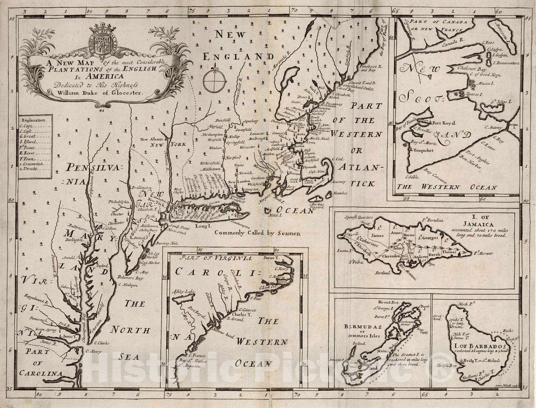 Historic Map : A New map of The Most considerable plantations of The English in America, 1700 Atlas - Vintage Wall Art