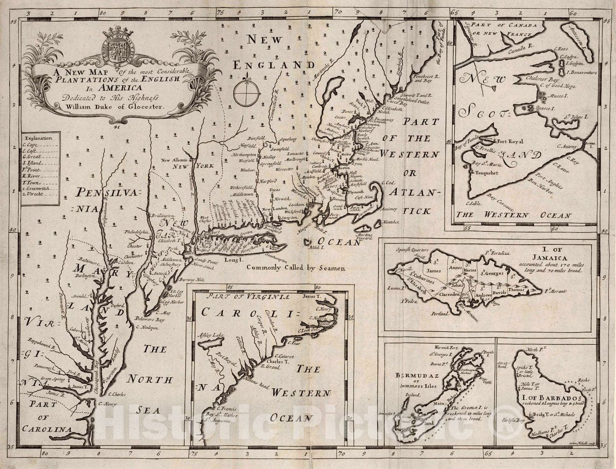 Historic Map : A New map of The Most considerable plantations of The E ...