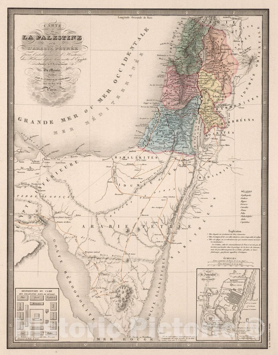 Historic Map : Israel, Carte de la Palestine et de l'Arabie Petree, 1850 Atlas , Vintage Wall Art