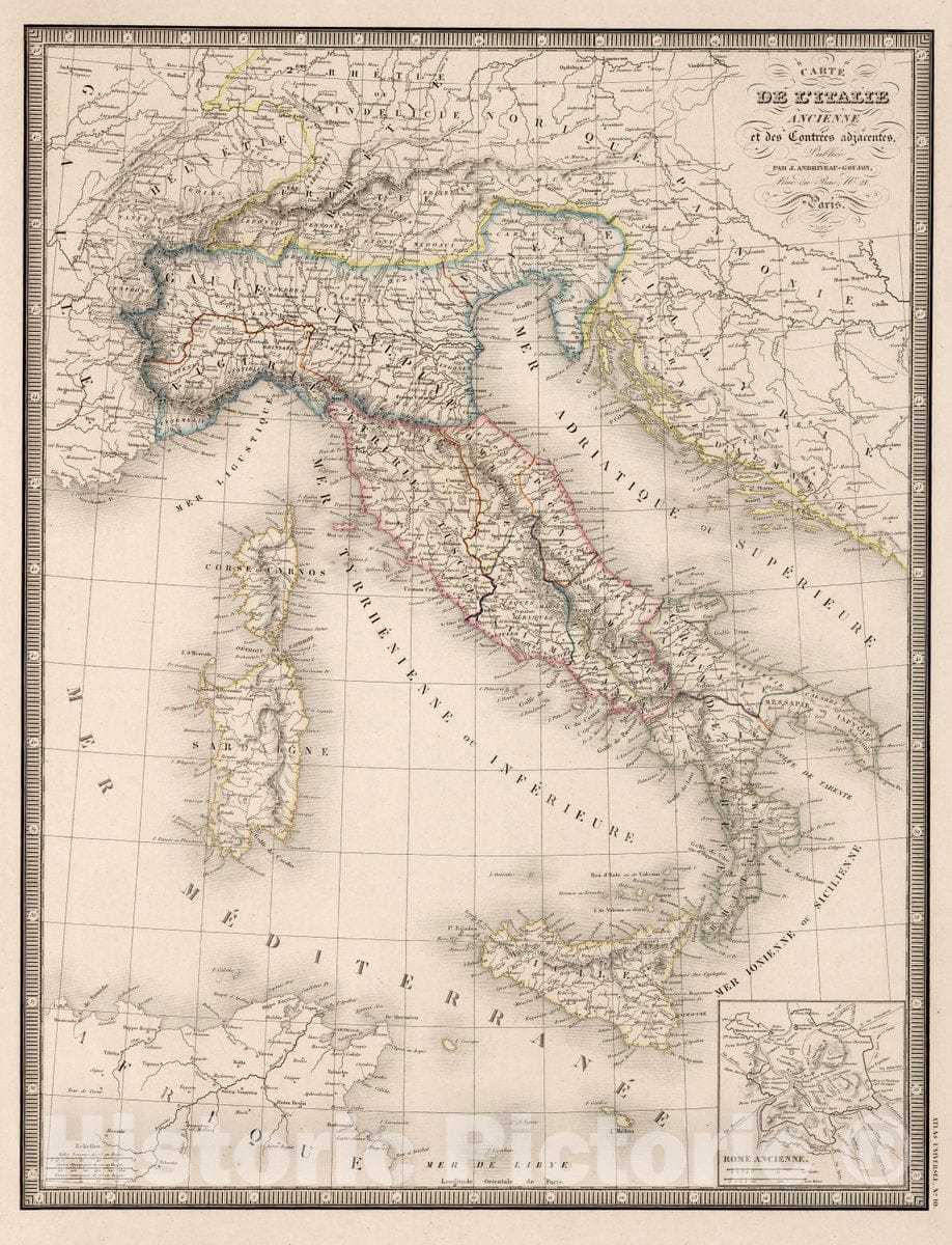Historic Map : Italy, Carte de l'Italie Ancienne. (Inset) Rome Ancienne, 1850 Atlas , Vintage Wall Art