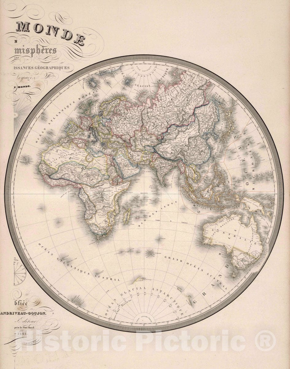 Historic Wall Map : Mappe Monde Hemispheres (Eastern Hemisphere), 1851 Atlas - Vintage Wall Art