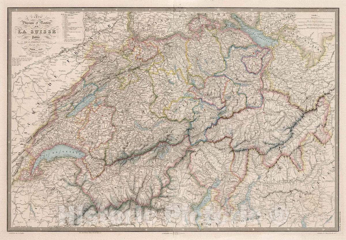 Historic Map : Switzerland, Carte Physique et Routiere de la Suisse, 1850 Atlas , Vintage Wall Art
