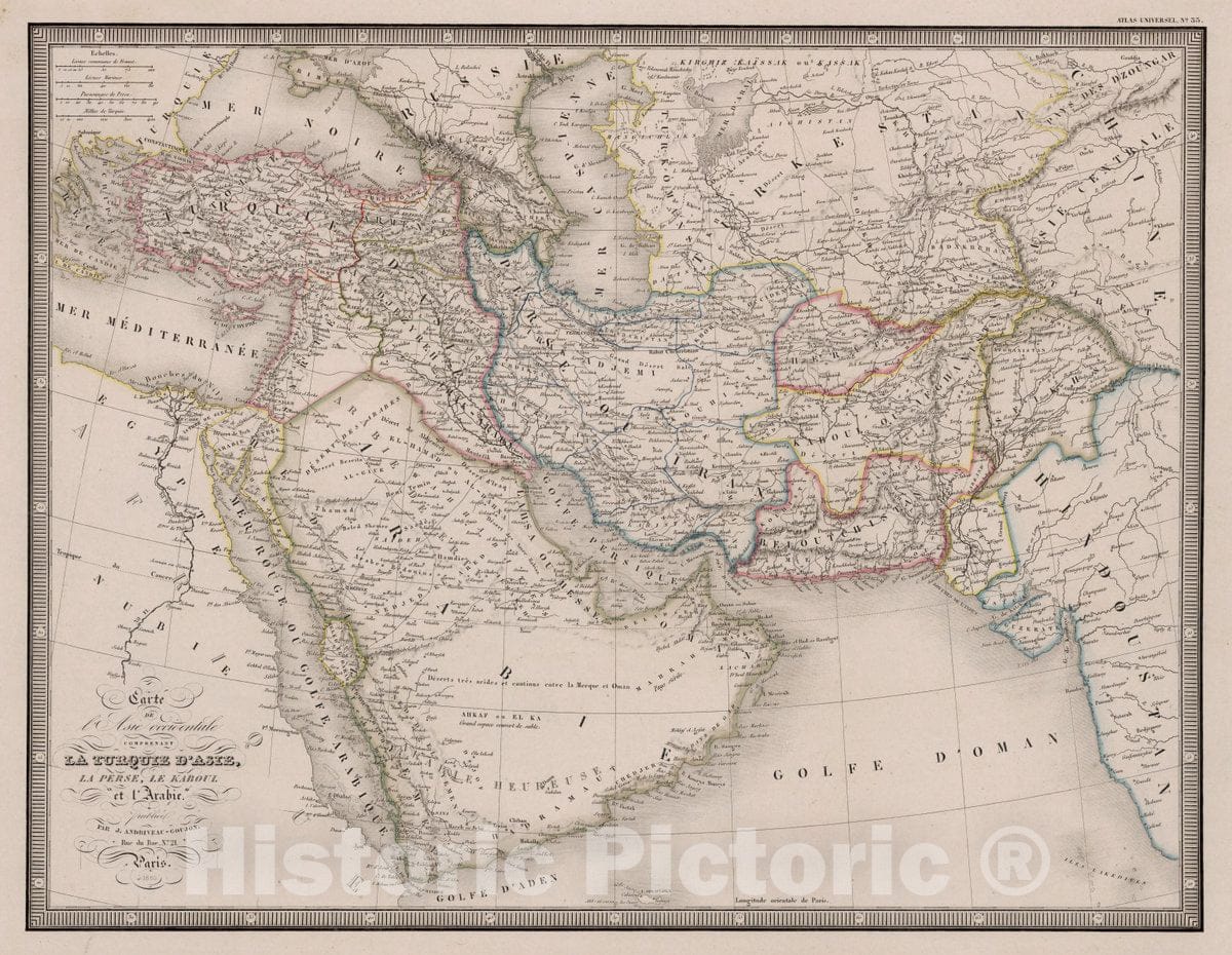 Historic Map : Saudi Arabia, Middle East Carte La Turquie d'Asie, La Perse, Le Kaboul et L'Arabie, 1850 Atlas , Vintage Wall Art