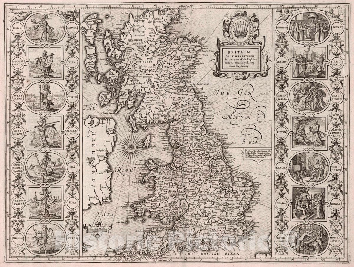 Historic Map : Britain as it was devided in The TYME of The Englishe Saxons, 1676 Atlas - Vintage Wall Art