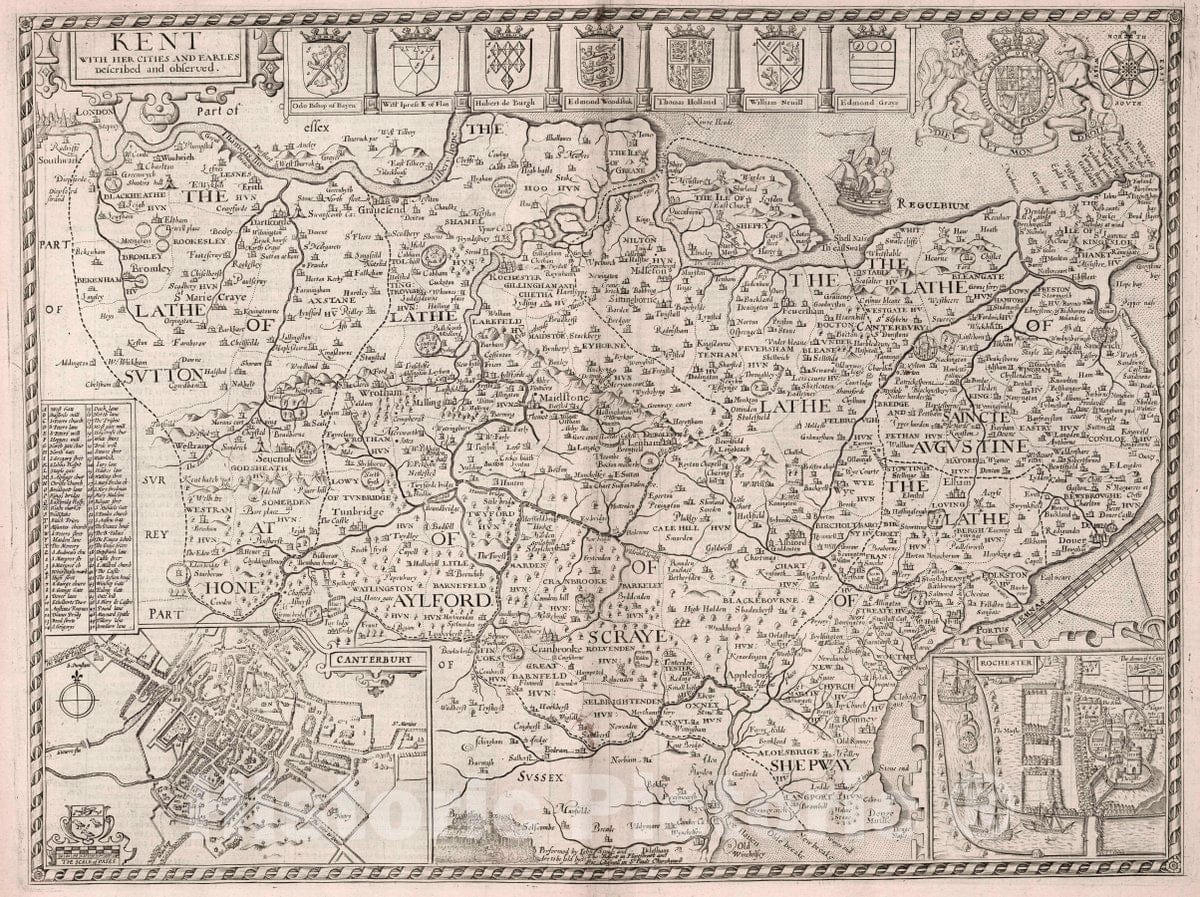 Historic Map : Kent. (Insets) Canterbury. Rochester, 1676 Atlas - Vintage Wall Art