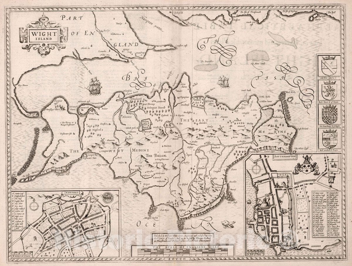 Historic Map : Wight Island. (Insets) Newport. Southhampton, 1676 Atlas - Vintage Wall Art