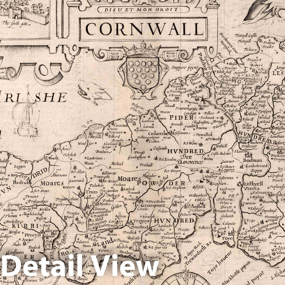 Historic Map : Cornwall, 1630 Atlas - Vintage Wall Art