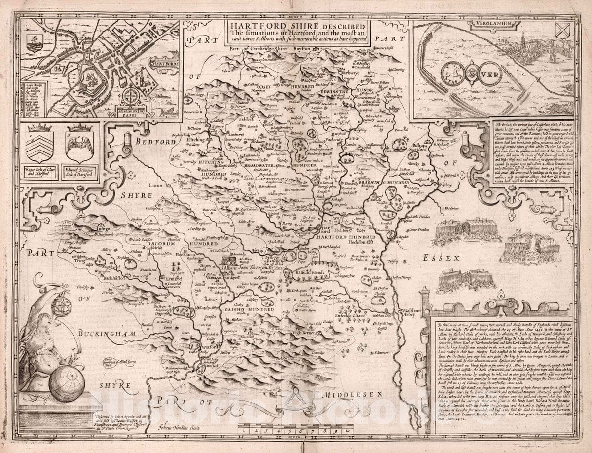 Historic Map : Hartfordshire. (Insets) Verolanium. Hartforde, 1676 Atlas - Vintage Wall Art