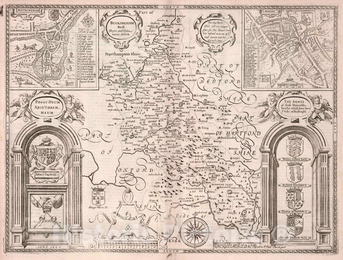 Historic Map : Buckinghamshire. (Insets) Redding. Buckingham, 1666 Atlas - Vintage Wall Art