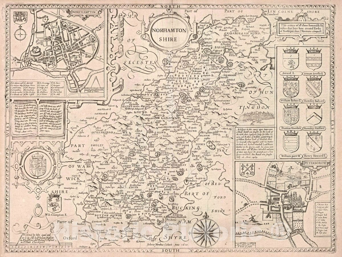 Historic Wall Map : Northampton-Shire. (Insets) Northampton. Peterborow, 1610 Atlas - Vintage Wall Art