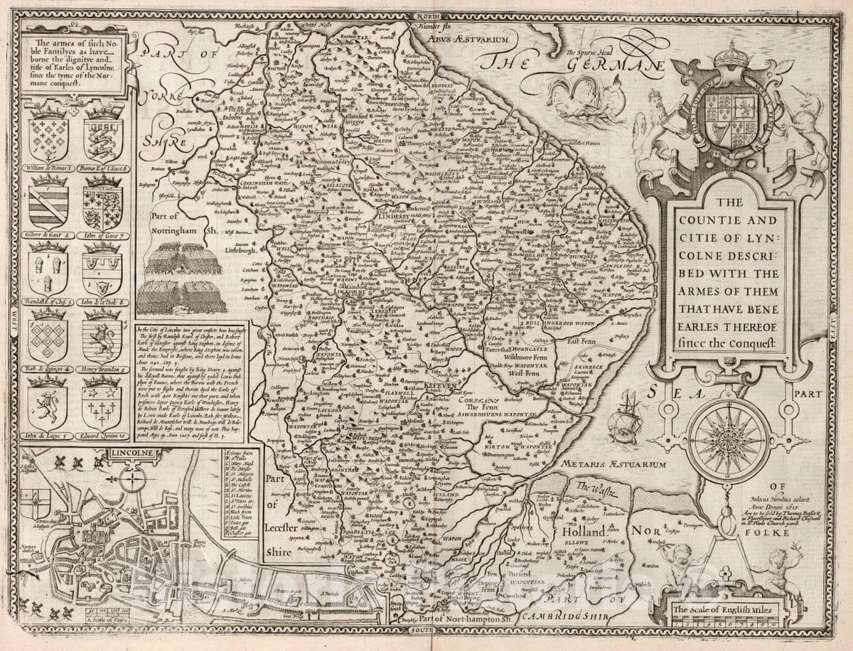 Historic Map : (Lincolneshire). The Countie and Citie of Lincolne, 1676 Atlas - Vintage Wall Art
