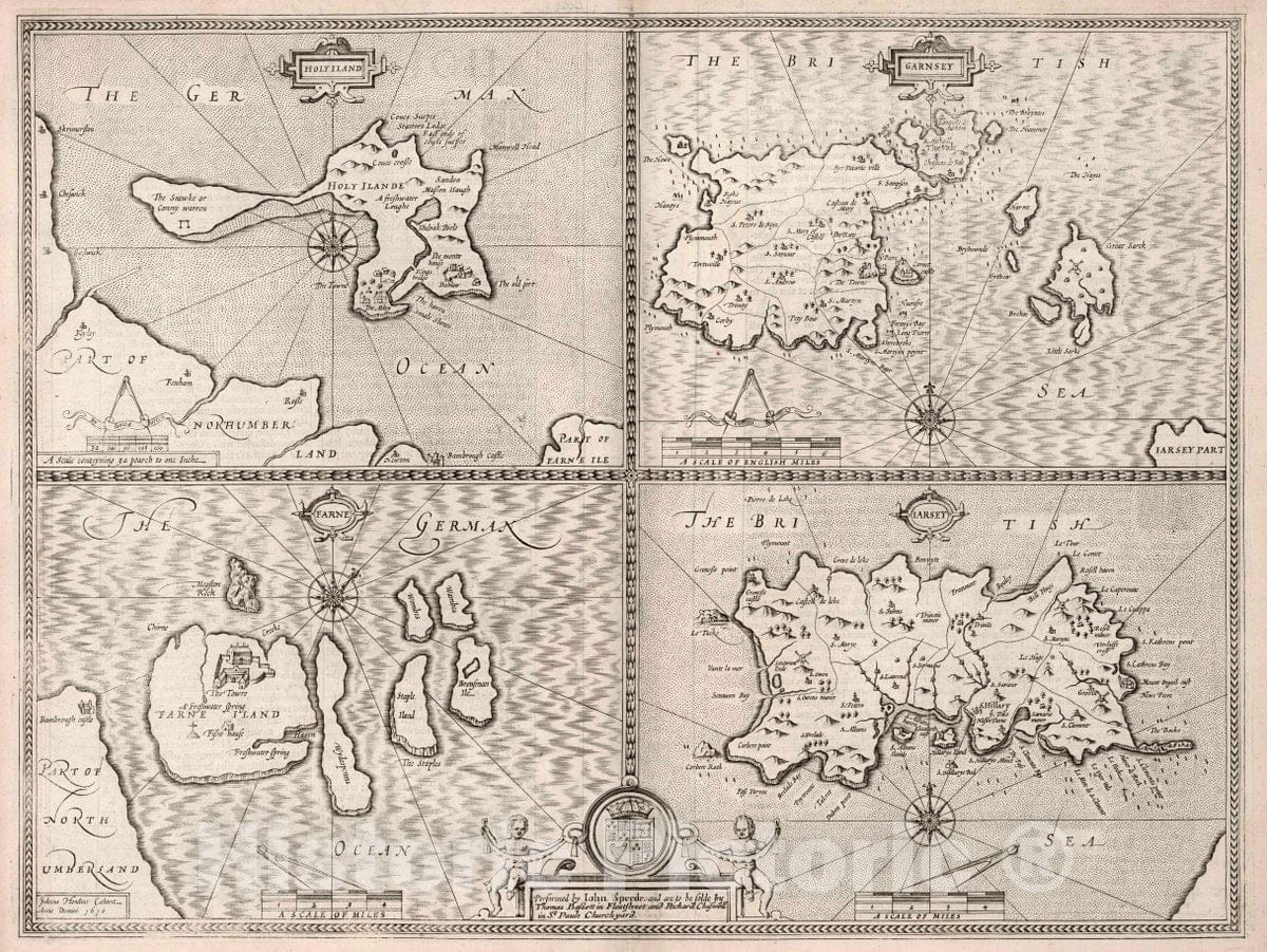 Historic Wall Map : Holy Island. Garnsey. Farne. Jarsey, 1676 Atlas - Vintage Wall Art