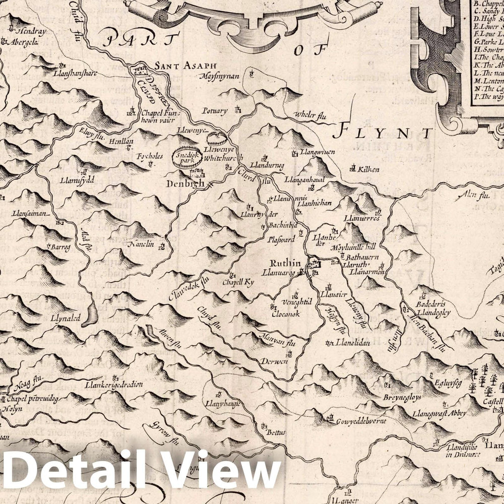 Historic Map : Denbighshire. (Inset) Denbigh, 1676 Atlas - Vintage Wall Art
