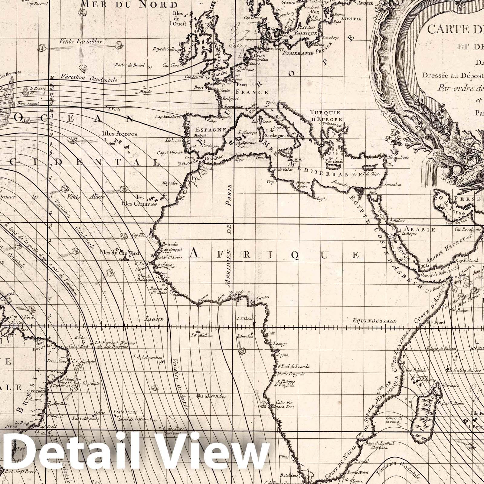 Historic Map : 1765 Chart Atlas - Carte des Variations de la Boussole. - Vintage Wall Art