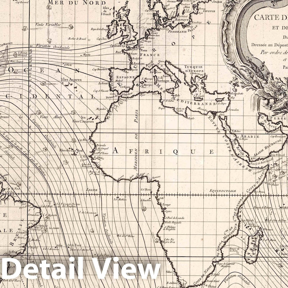 Historic Map : 1765 Chart Atlas - Carte des Variations de la Boussole. - Vintage Wall Art