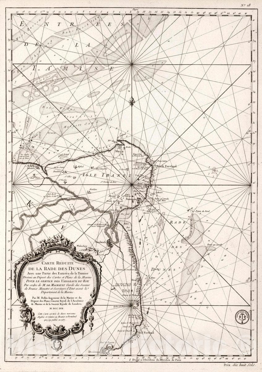 Historic Map : Isle of Thanet Carte Reduite de la Rade des Dunes Avec une Partie des Entrees de la Tamise, 1757 Chart , Vintage Wall Art