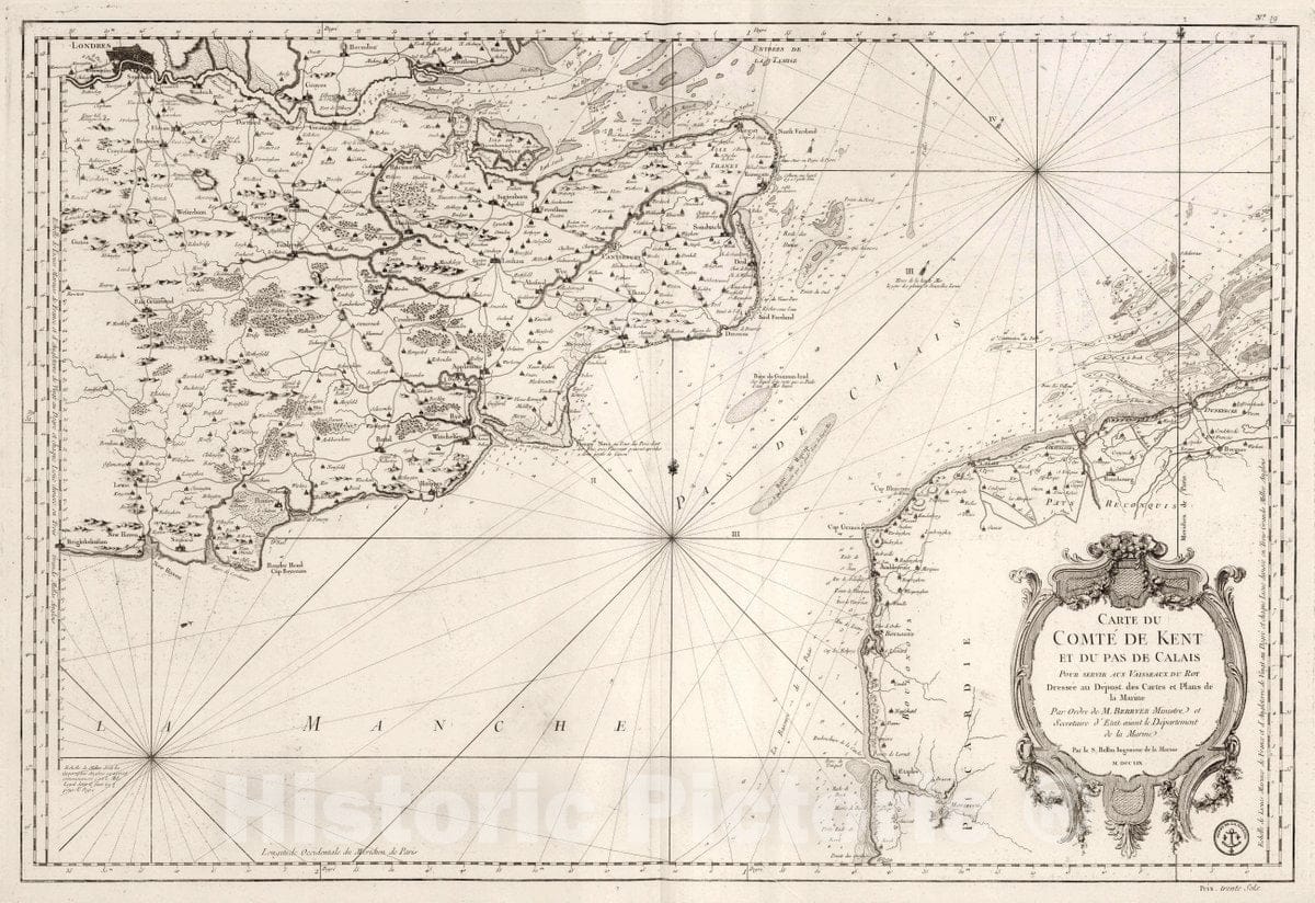 Historic Map : Calais Passage Carte de Comte de Kent et du Pas de Calais, 1759 Chart , Vintage Wall Art