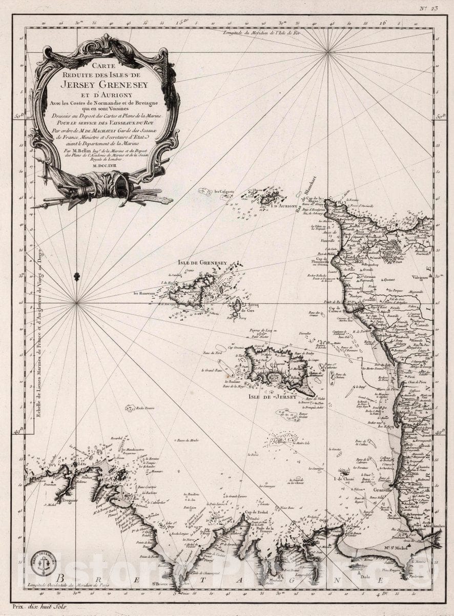 Historic Map : Guernsey Island Carte Reduite des Isles de Jersey, Grenesy et d'Aurigny, 1757 Chart , Vintage Wall Art
