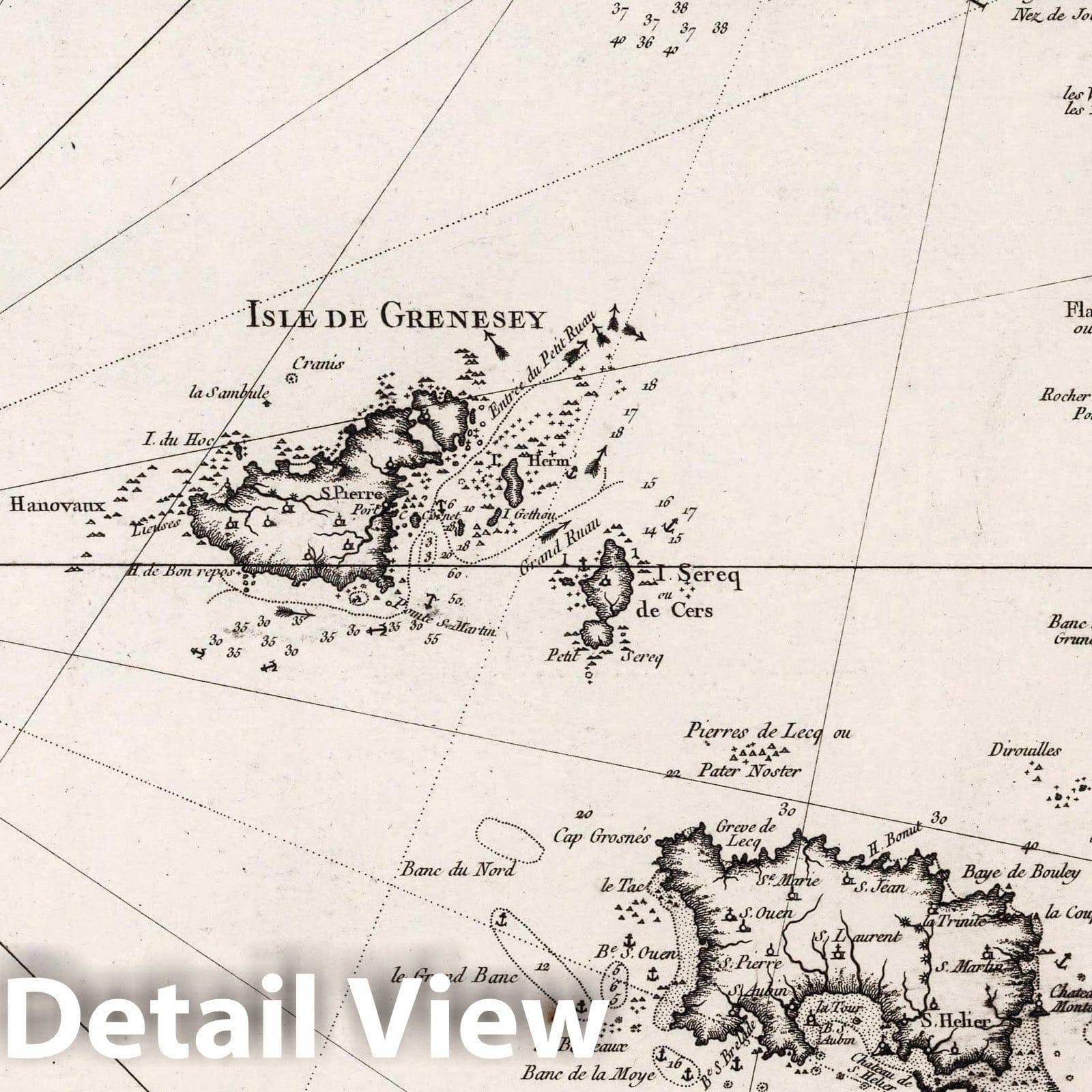 Historic Map : Guernsey Island Carte Reduite des Isles de Jersey, Grenesy et d'Aurigny, 1757 Chart , Vintage Wall Art