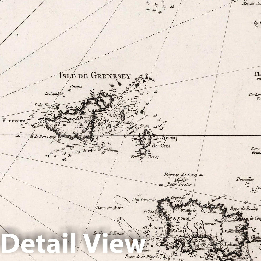 Historic Map : Guernsey Island Carte Reduite des Isles de Jersey, Grenesy et d'Aurigny, 1757 Chart , Vintage Wall Art