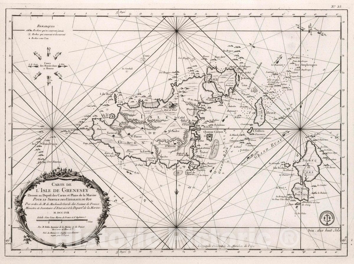 Historic Map : Guernsey Island Carte de l'Isle de Grenesey, 1757 Chart , Vintage Wall Art
