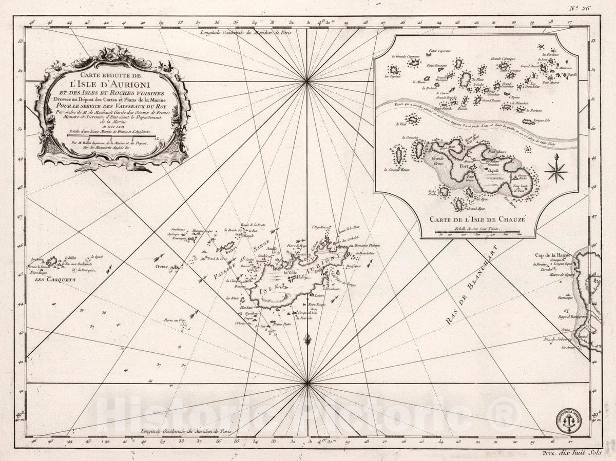 Historic Map : Alderney Island Carte Reduite de l'Isle d'Aurigni, 1757 Chart , Vintage Wall Art