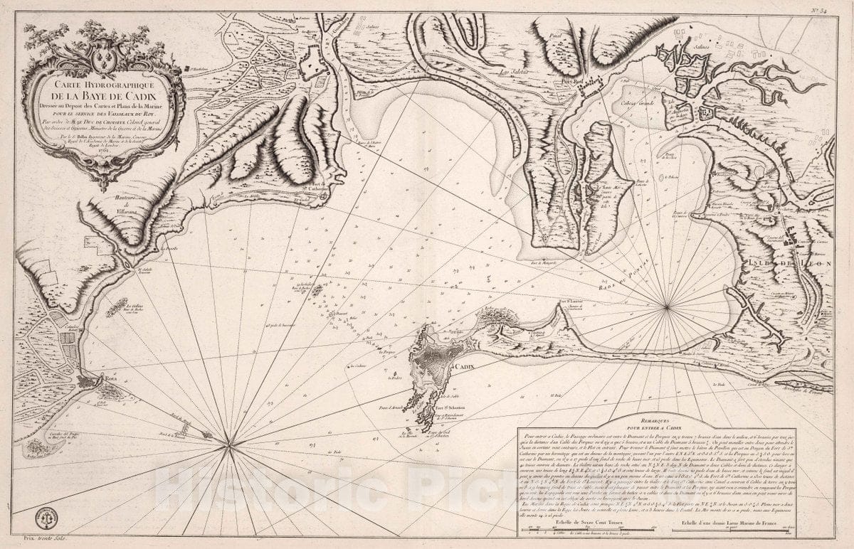 Historic Map : Cadiz , Spain, Carte Hyrdographique de la Baye de Cadix. , Vintage Wall Art