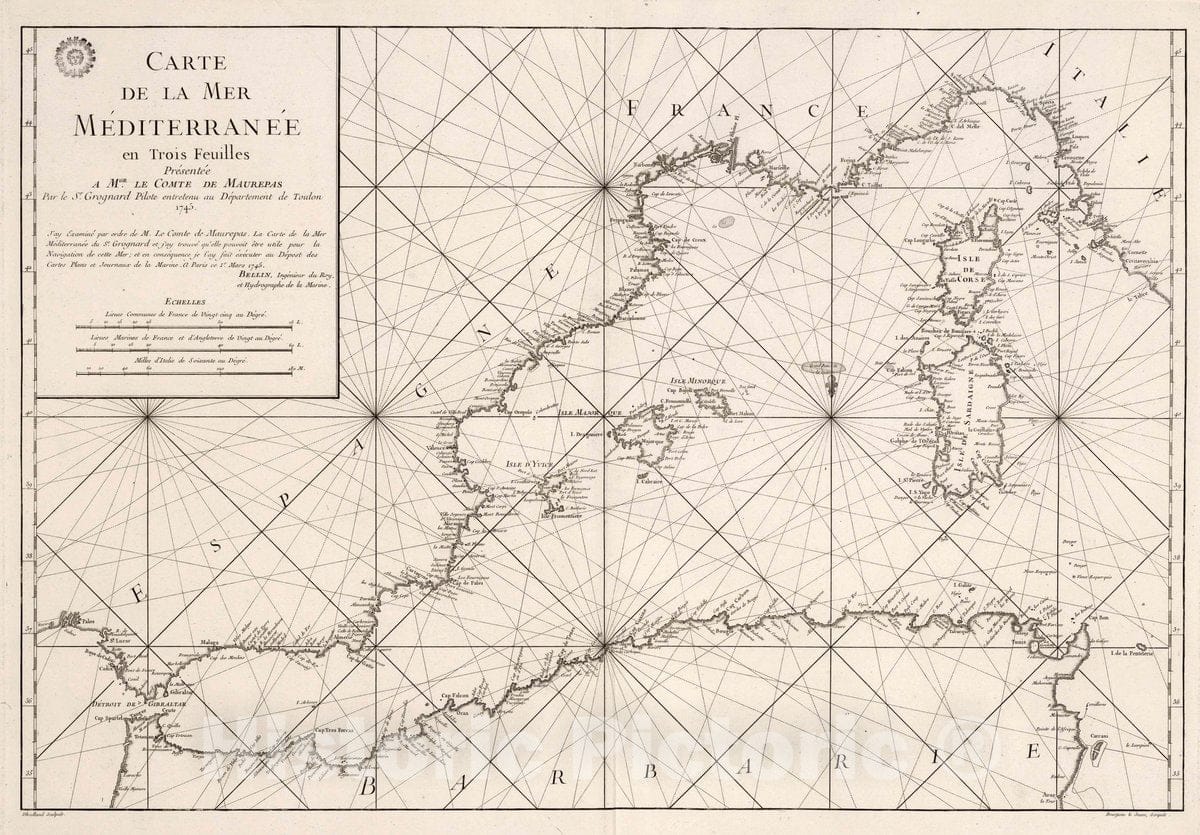 Historic Map : Mediterranean Sea Carte de la Mer Mediterranee en Trois Feuilles (Western Sheet), 1745 Chart , Vintage Wall Art