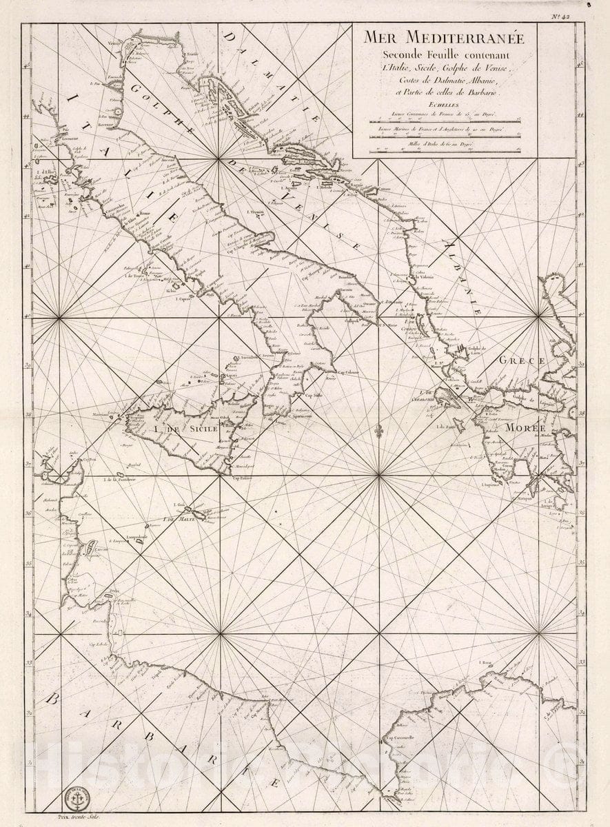 Historic Map : Mediterranean Sea Carte de la Mer Mediterranee en Trois Feuilles (Central Sheet), 1745 Chart , Vintage Wall Art