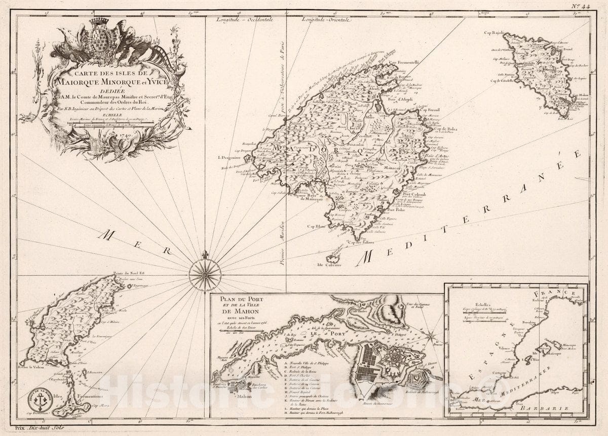 Historic Map : Mallorca Carte des Isles de Majorque, Minorque et Yvice, 1740 Chart , Vintage Wall Art
