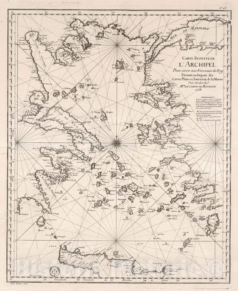 Historic Map : Aegean Sea, Carte Reduite de l'Archipel, 1738 Chart , Vintage Wall Art