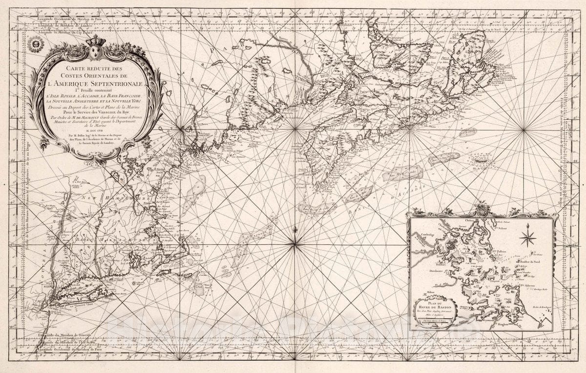 Historic Map : Atlantic Seaboard Carte Reduite des Costes Orientales de l'Amerique Septentrionale, Ire. Feuille. , Vintage Wall Art