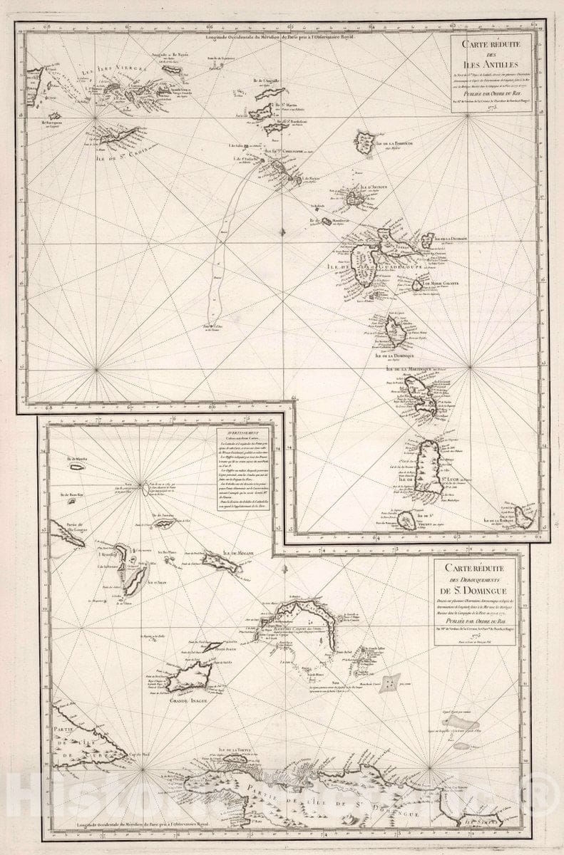 Historic Map : St. Lucia, Lesser Antilles Carte Reduite des Iles Antilles. Carte Reduite des Debouquements de St. Domingue. , Vintage Wall Art