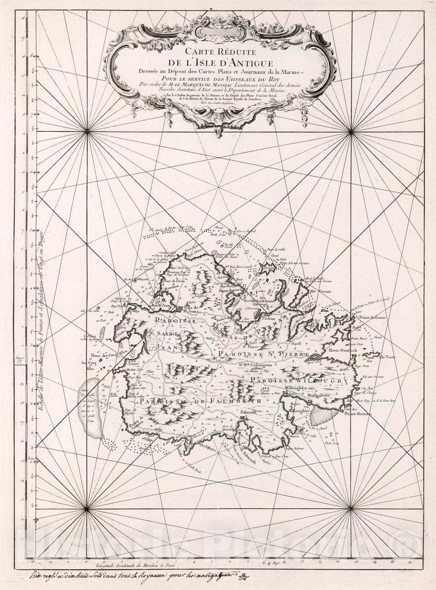 Historic Map : Antigua, Carte Reduite de l'Isle d'Antigua, 1758 Chart , Vintage Wall Art